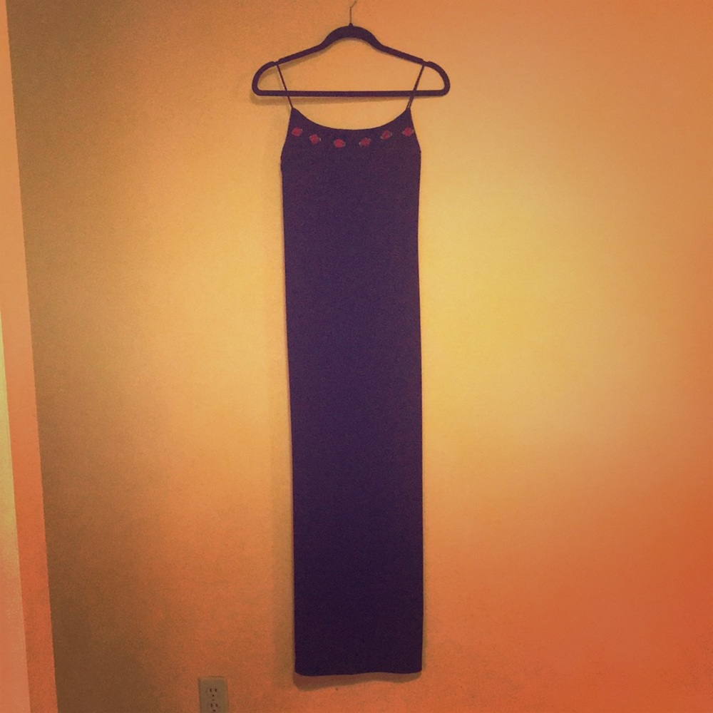 Navy Velvet Gown with Red Rossettes